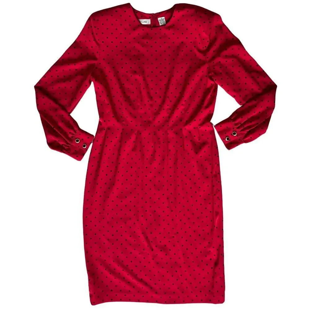 Ms Chaus Womens Dress Long Sleeve Red & Black Polka Dot Size 12 Vintage‎ Holiday